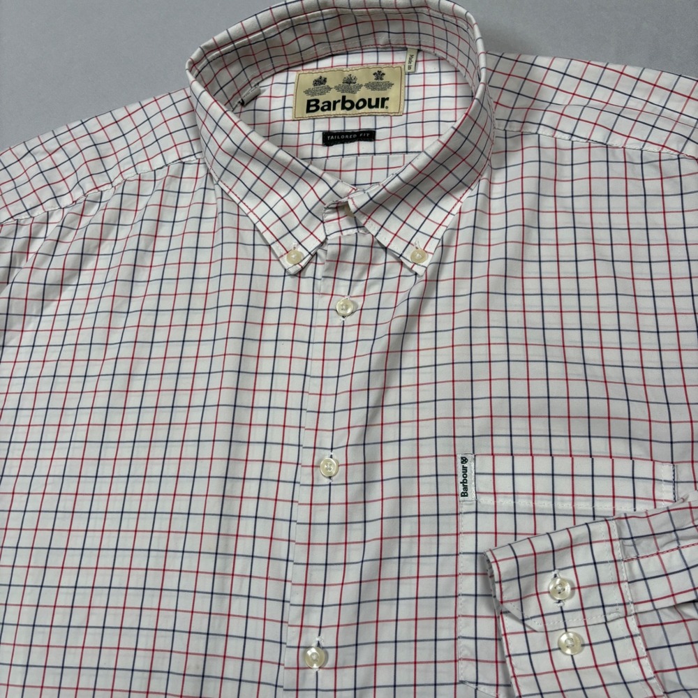 Barbour Button Down Shirt Mens XXL White Tattersall Check Tailored Long Sleeve